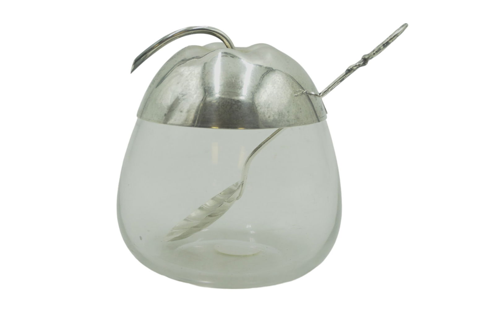 MCM GORHAM STERLING & GLASS PEAR HONEY POT: Mid-Century Modern Gorham Sterling Silver & Glass Pear Form Jam or Honey Pot with sterling silver fluted spoon. Measures 3.88" tall and 3.5" wide. Weight 7.5 oz. PROVENANCE: The Charles Drayton House,