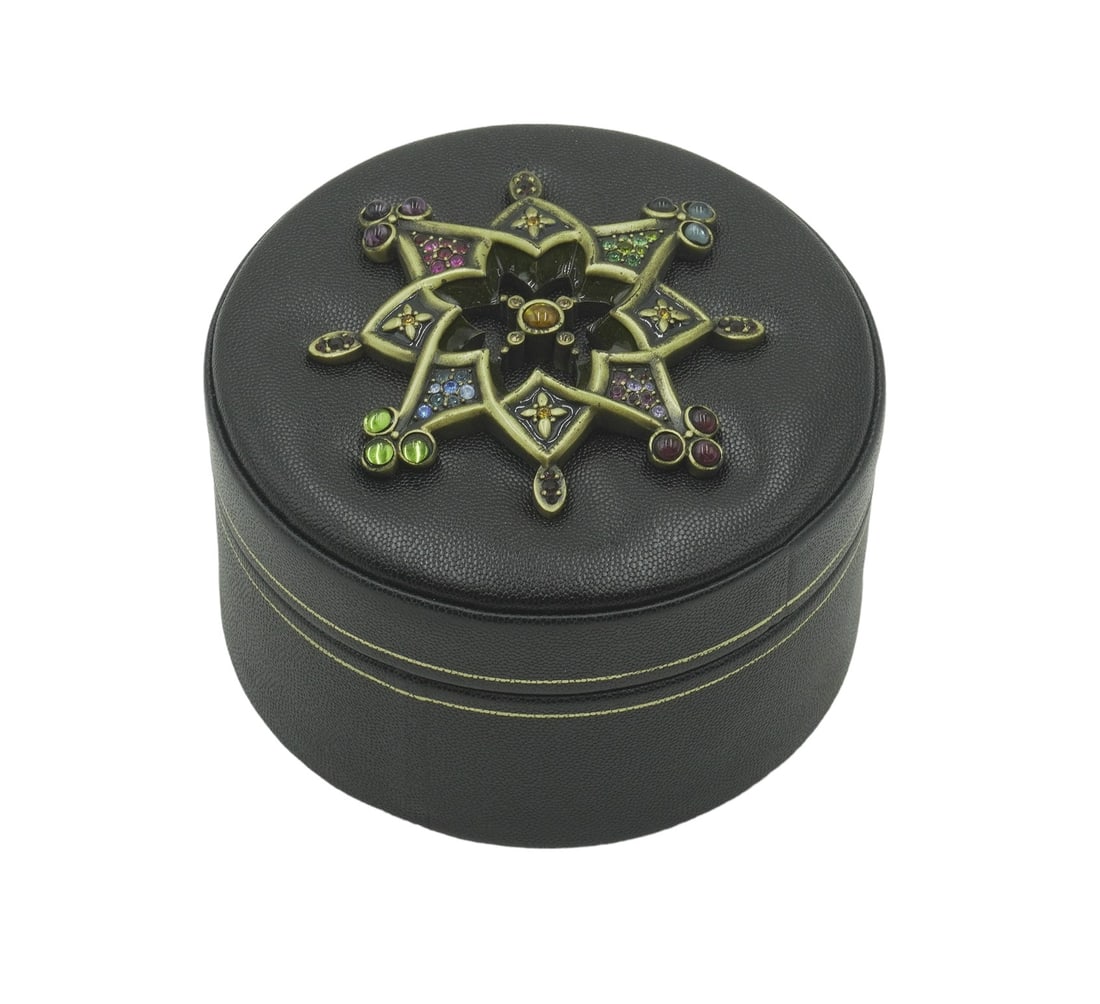 JAY STRONGWATER BELLA LEATHER & SWAROVSKI BOX: Jay Strongwater Black Leather and Swarovski Crystal "Bella" Jewelry Box. Made in Italy. Like new in original box. Jewelry Box 4"x4"x2.5". In Box 4.75"x4.75"x3". Weight 11 oz.