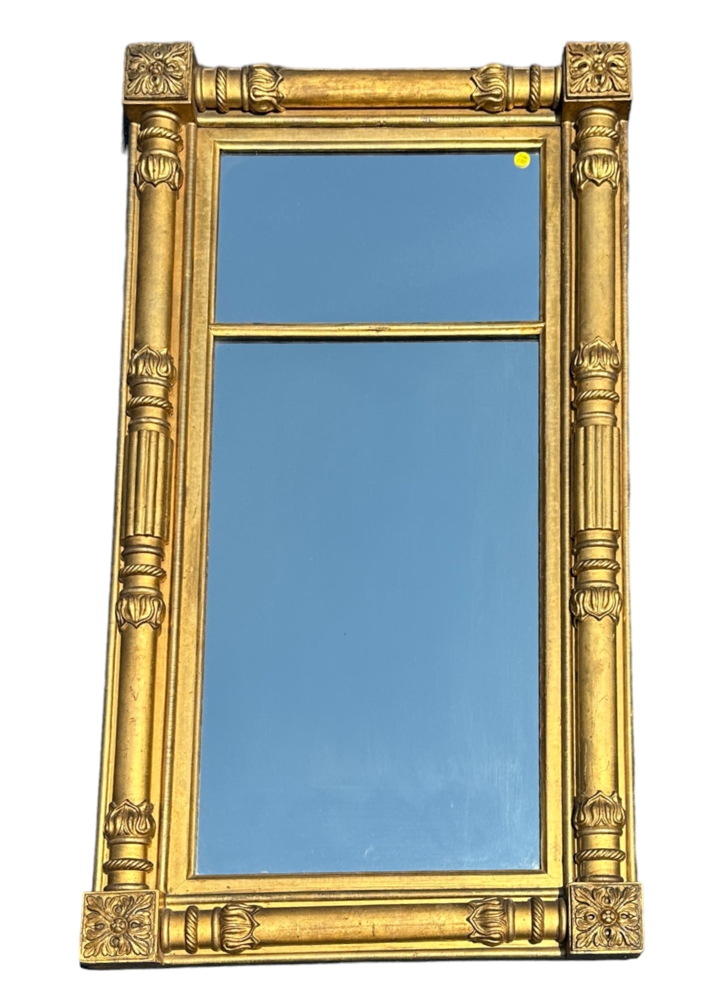 ANTIQUE CARVED GILTWOOD TRUMEAU MIRROR: Antique Carved Giltwood Trumeau Mirror. Measures 24"x47"x2.5". Weight 29 lbs. PROVENANCE: The Charles Drayton House, 25 E. Battery, Charleston, SC