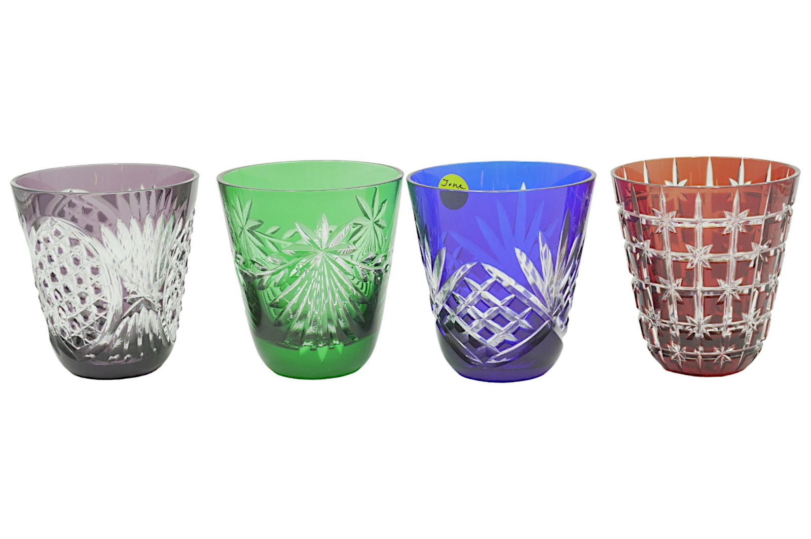 4 BOHEMIAN COLORED CUT CRYSTAL DOUBLE OLD FASHIONED GLASSES (1 of 3)