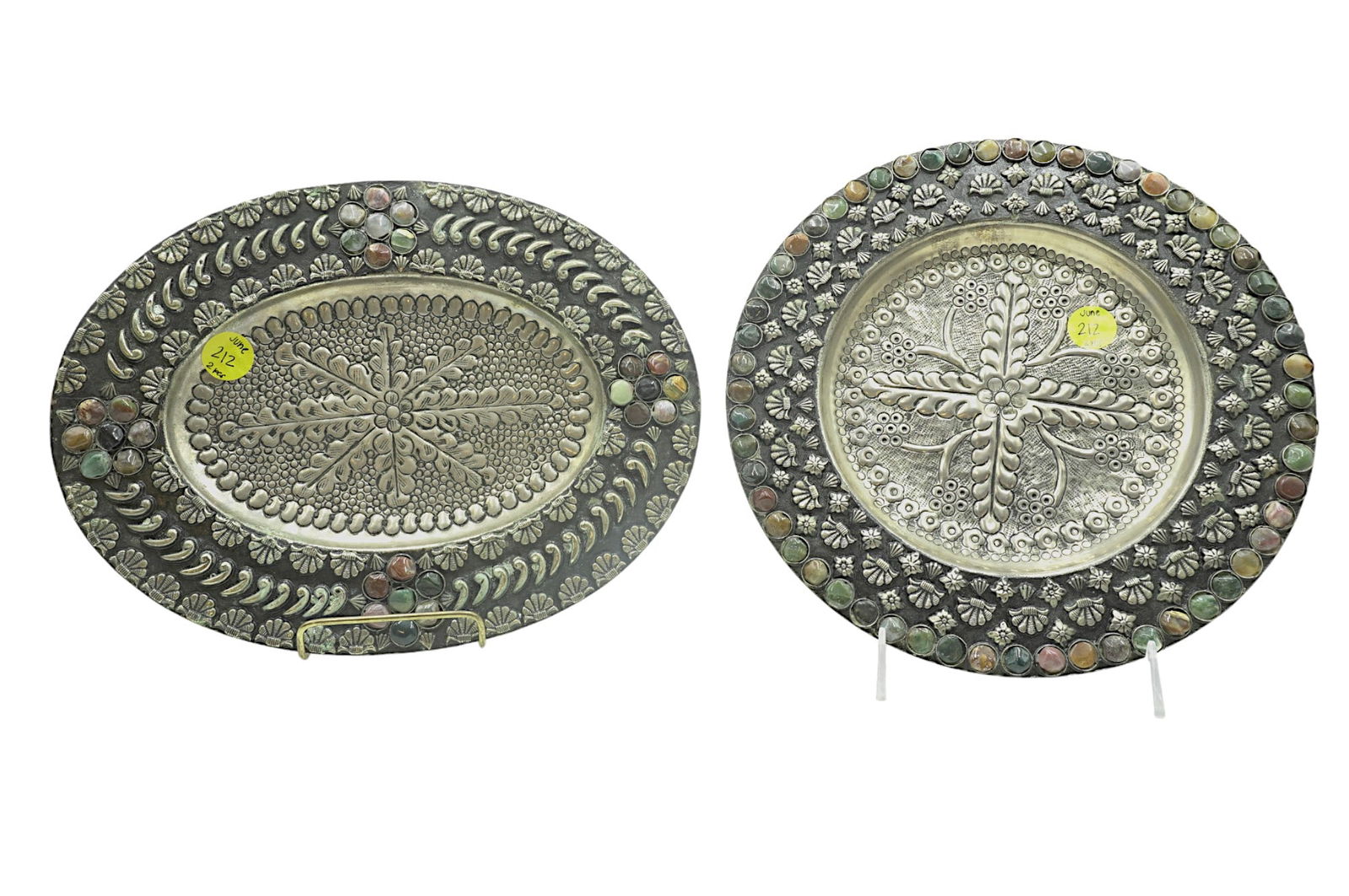 TWO INDIA METAL PLATES WITH SEMI PRECIOUS STONE TRIM (1 of 6)