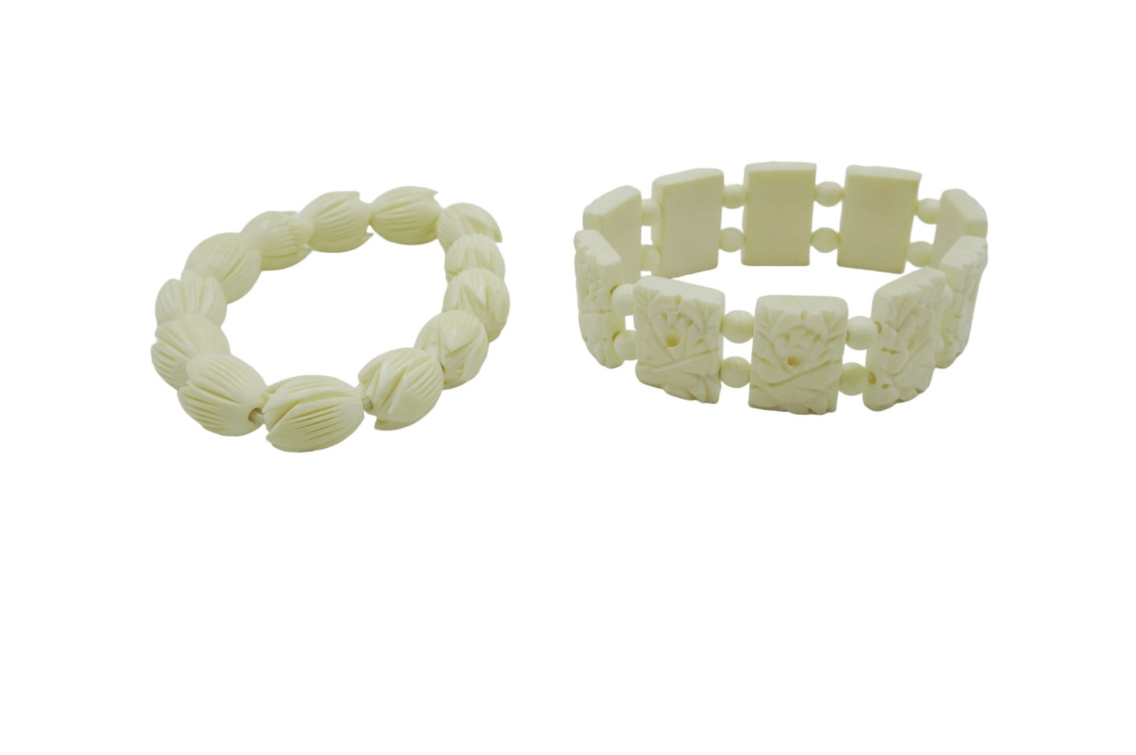 2 VINTAGE CARVED BONE BRACELETS: 2 Vintage Carved Bone Floral Bracelets. Stretch 3". Weight 2 oz. PROVENANCE: The Charles Drayton House, 25 E. Battery, Charleston, SC