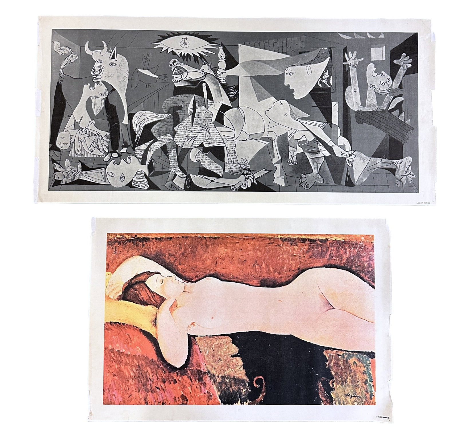 PAIR VINTAGE LAMBERT CANVAS PICASSO & MODIGLIANI: Both printed on Canvas. Picasso Guernica 38"x17.5". Modigliani Nude 28.5"x18". Weight 10 oz.Located in a small studio on La Cienega Blvd. in West Hollywood, California, Lambert Studios niche was repro