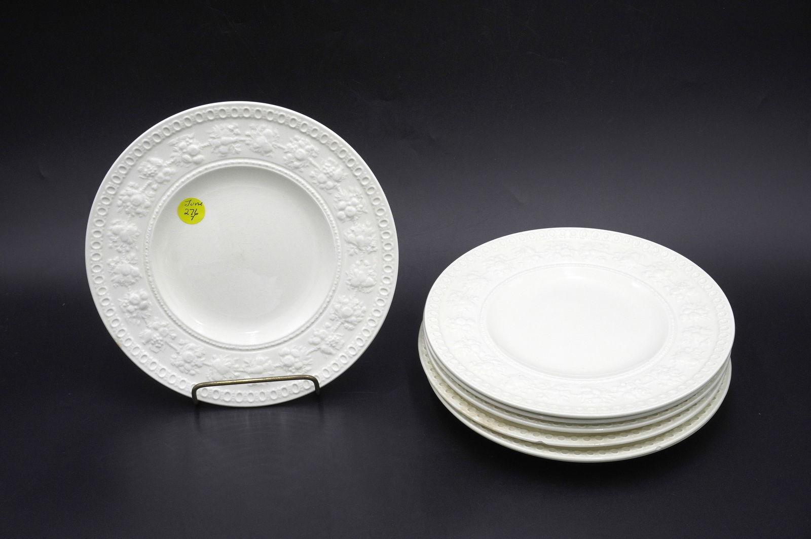 7 VINTAGE WEDGWOOD WELLESLEY SALAD / DESSERT PLATES: 7 Vintage Wedgwood Wellesley Salad / Dessert Plates. Off White, Embossed Fruit & Circles. Each 8 1/2". Weight on all 5 lbs 4 oz. PROVENANCE: The Charles Drayton House, 25 E. Battery, Charleston, SC