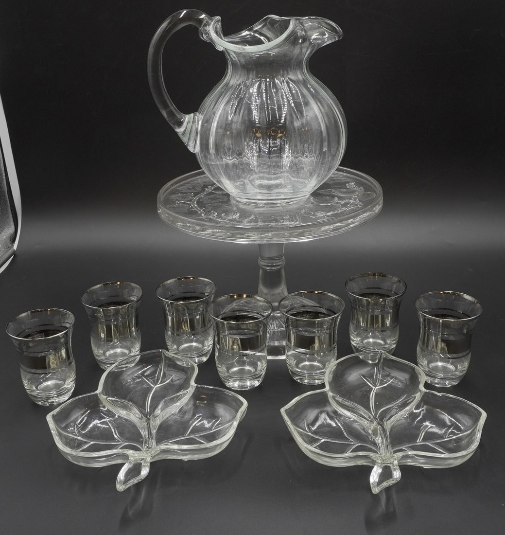 11 PC VINTAGE GLASS CAKE PLATE - PITCHER + GLASSES (1 of 6)