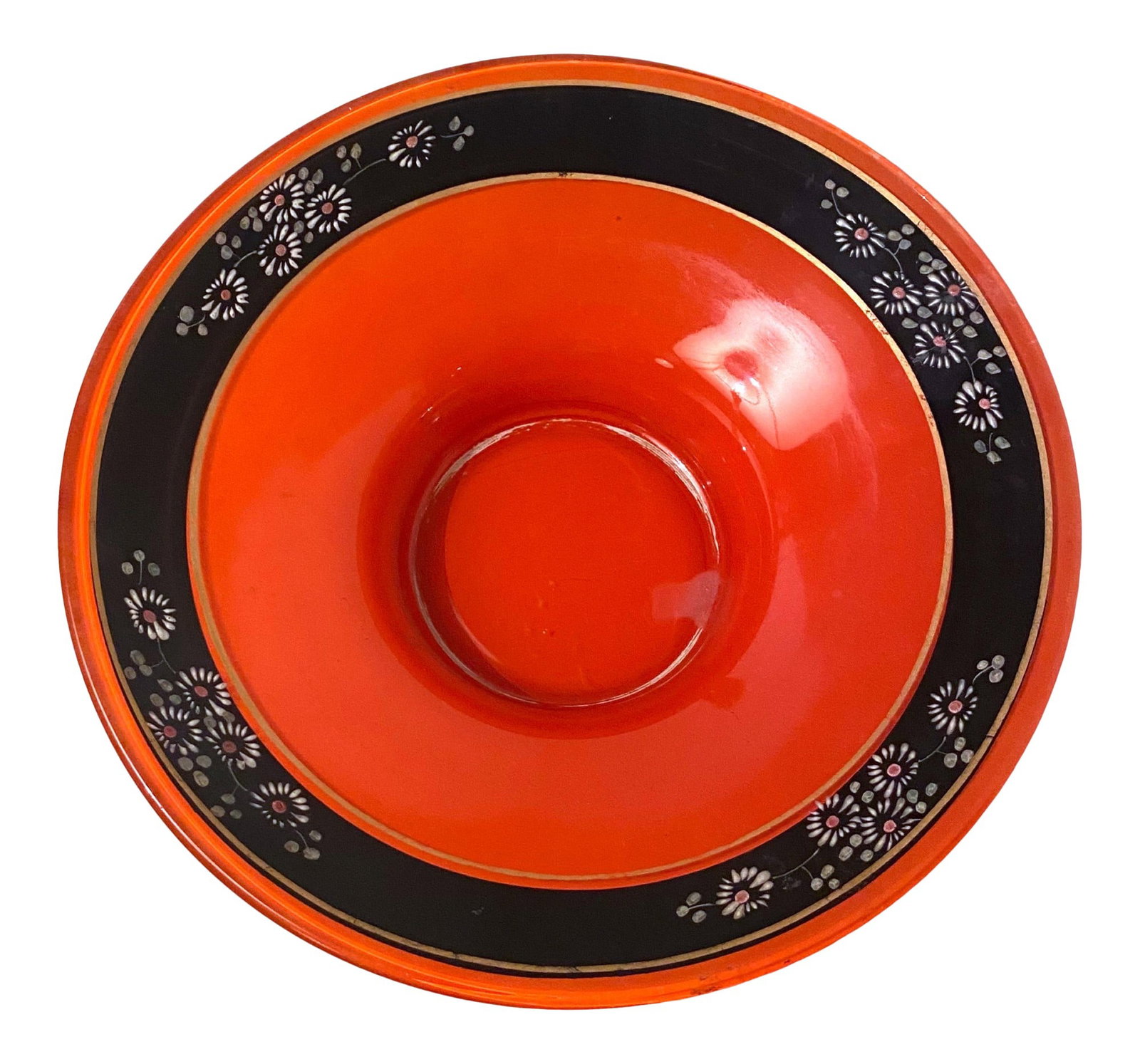 Art Deco Era Czech Orange and Black Console Bowl: A 1920's Art Deco orange and black console bowl with painted enamel floral design. Measures 10.5?W ? 10.5?D ? 3?H. Total weight 3 lbs.