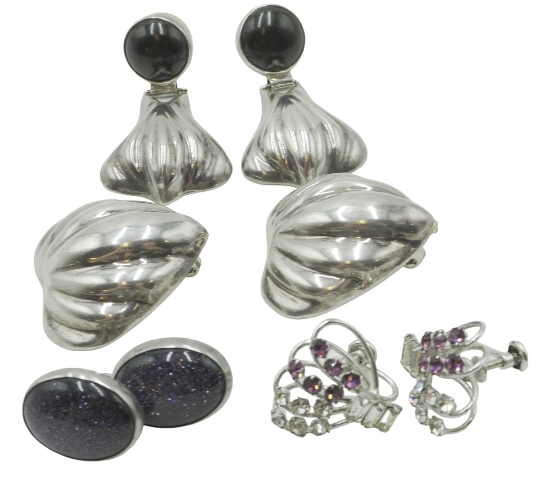 4 PAIR STERLING EARRINGS. DRUZY - ONYX - RHINESTONES (1 of 4)