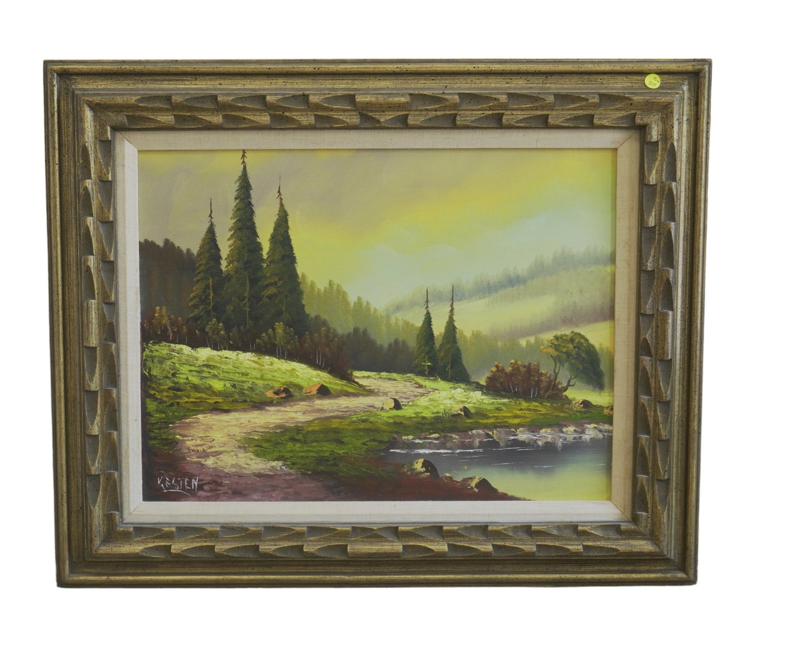 MID CENTURY OIL ON CANVAS KERSTEN - BELGIUM: Mid Century art of beautiful mountain, trees and river, oil on canvas, signed by Belgium artist Kesten. In carved wood mid century frame. In frame measures 26"X32"X1.5". Weight 7 lbs 8 oz.