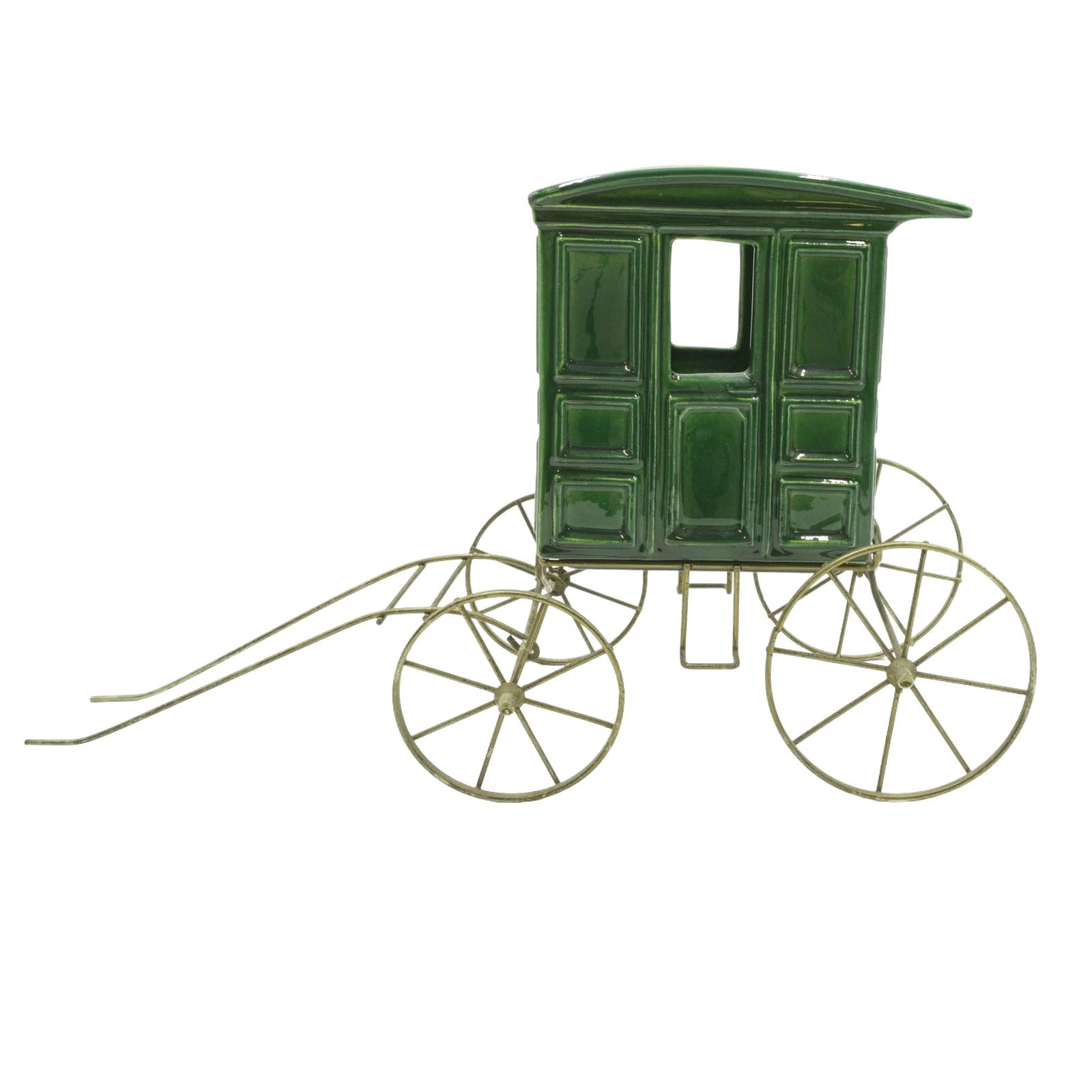 RARE VINTAGE GREEN GLAZED POTTERY HORSE DRAWN CARRIAGE PLANTER (1 of 5)