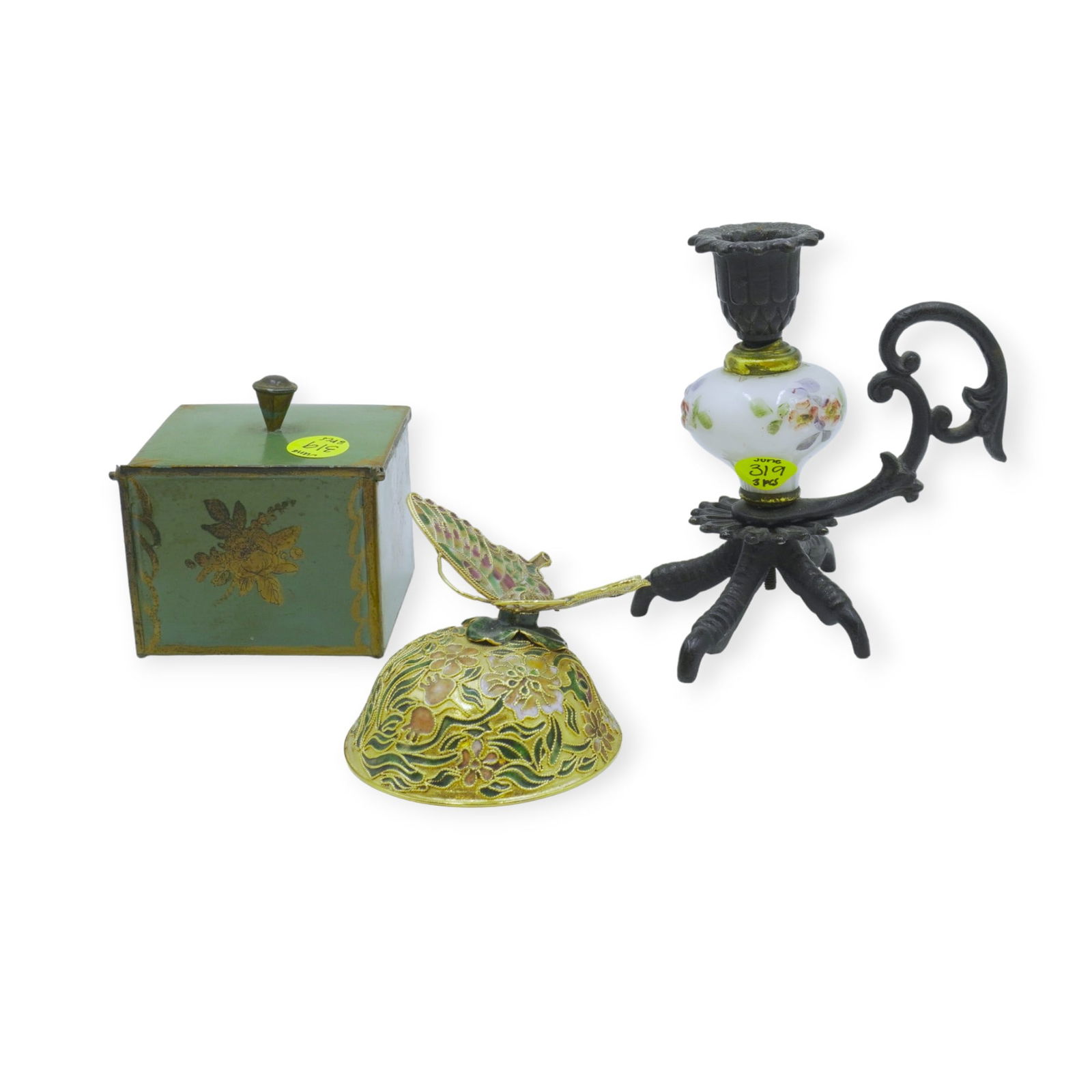 3 PIECES VINTAGE/ANTIQUE DECOR - BUTTERFLY, CANDLEHOLDER, BOX (1 of 5)