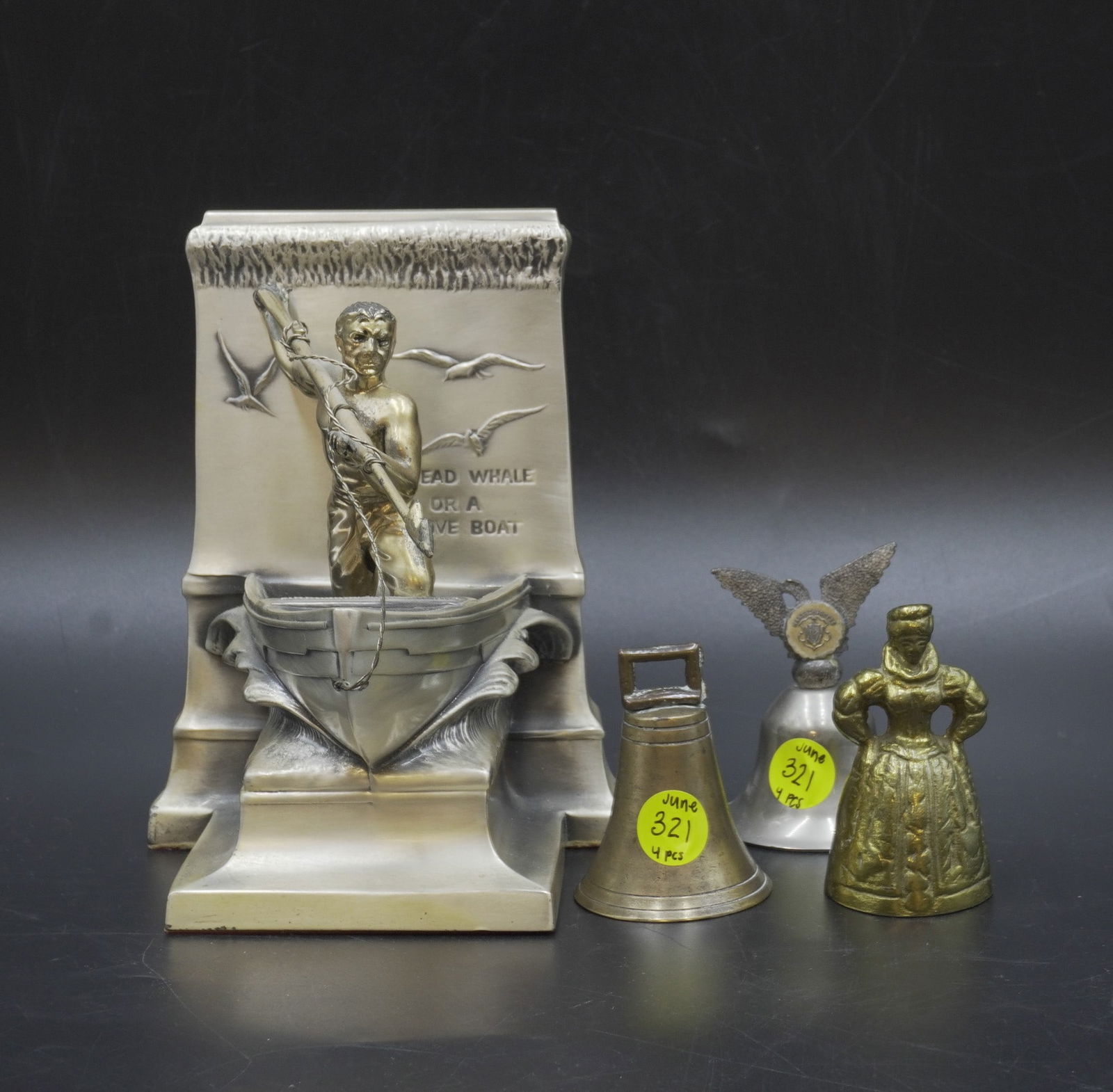 4 PC. BRASS AND METAL LOT - BOOKEND AND BELLS (1 of 4)