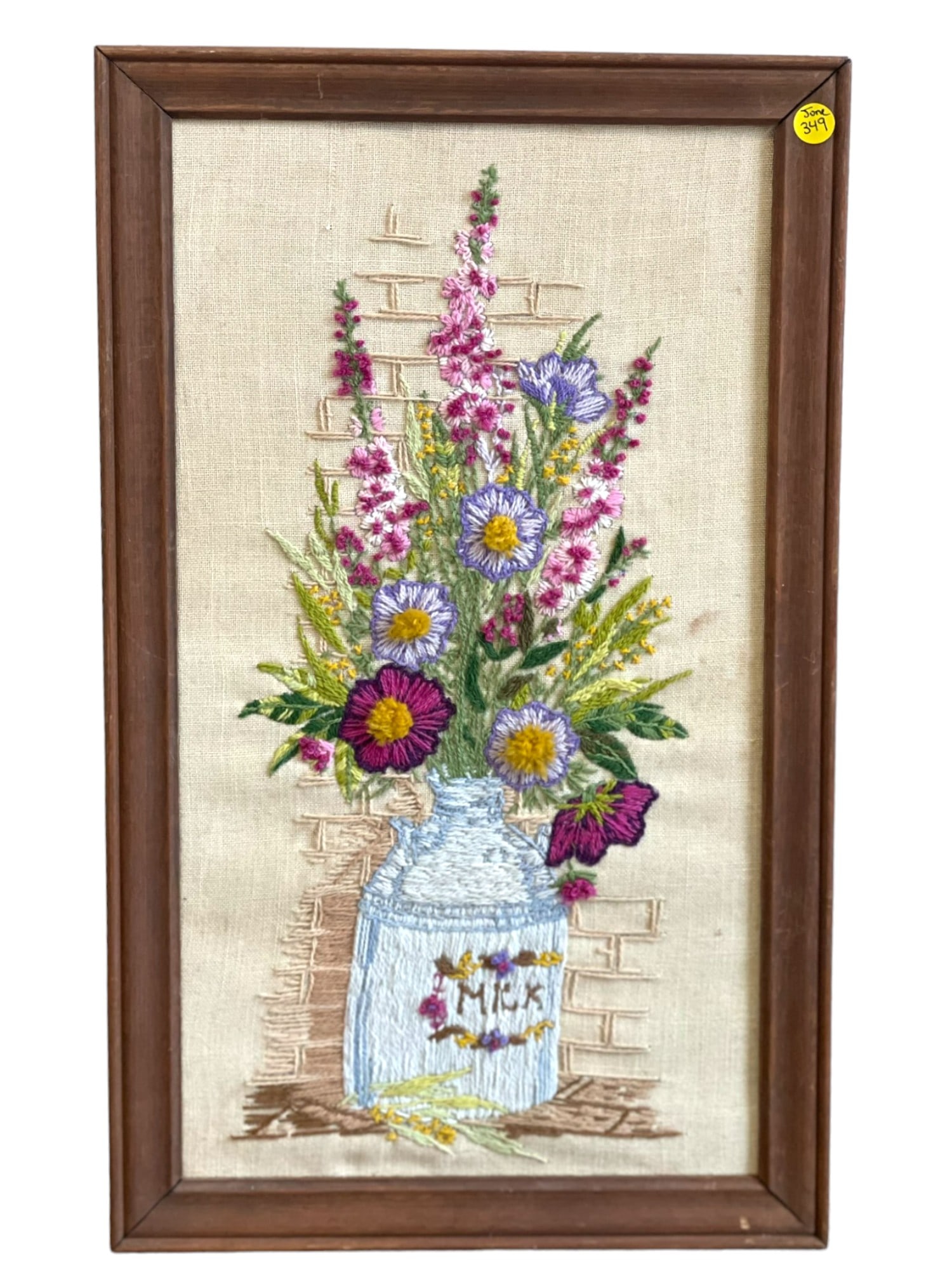 Vintage Mid-Century “Flowers in a Milk Jug” Crewel Work Framed Textile (1 of 3)