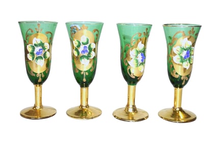 4 MID CENTURY BOHEMIAN GLASS ENAMELED CORDIALS