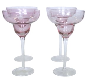 4 LARGE PINK CUT ETCHED MARGARITA GLASSES