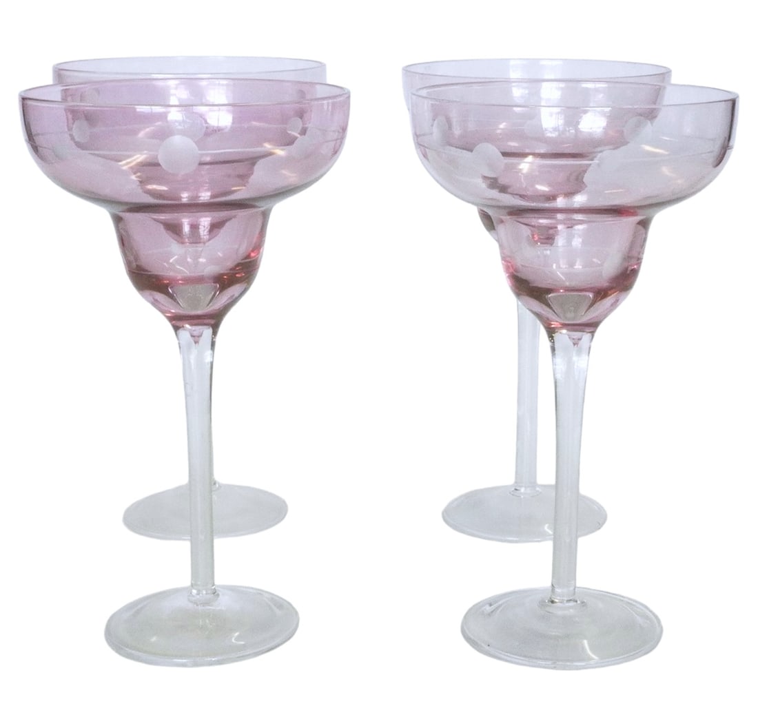 4 LARGE PINK CUT ETCHED MARGARITA GLASSES: 4 Large Pink with Clear Stem Cut and Etched Margarita Glasses. Perfect for summer frozen margaritas. Each 4.5"x4.5"x8". Weight on all 2 lbs.