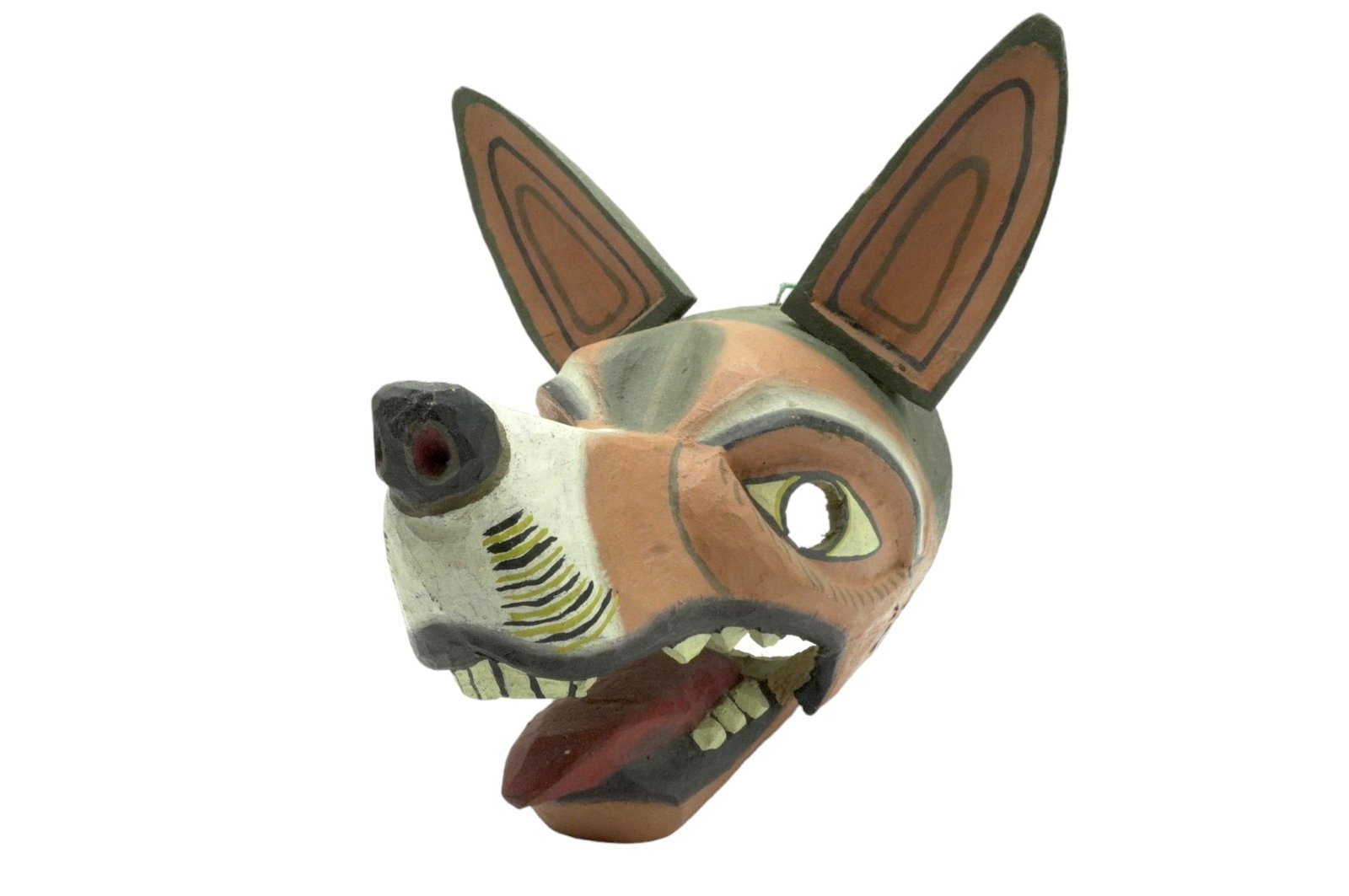 CARVED WOOD TIGUAN DOG MASK ECUADOR: Hand Carved and Polychrome Painted Wooden Tigua Dog Mask from Cotopaxi, Ecuador. Measures 13"x12"x12.75. Weight 3 lbs