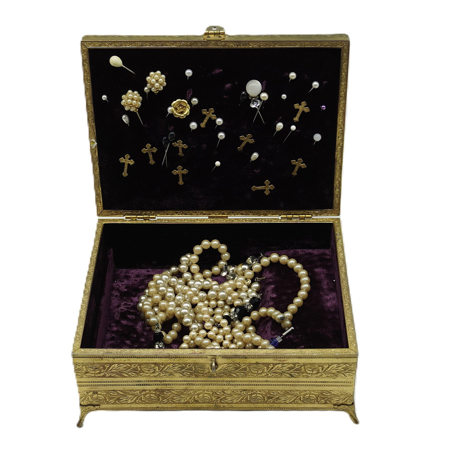 ANTIQUE MUSICAL GOLD GILT JEWELRY BOX, HAT PINS, LES BERNARD FAUX PEARLS & MORE: Antique Swiss Musical Footed Jewelry Box & Vintage/Antique Hatpins and Costume Jewelry Box Contains Vintage Les Bernard Faux Pearls, Costume Jewelry & Hat Pins.