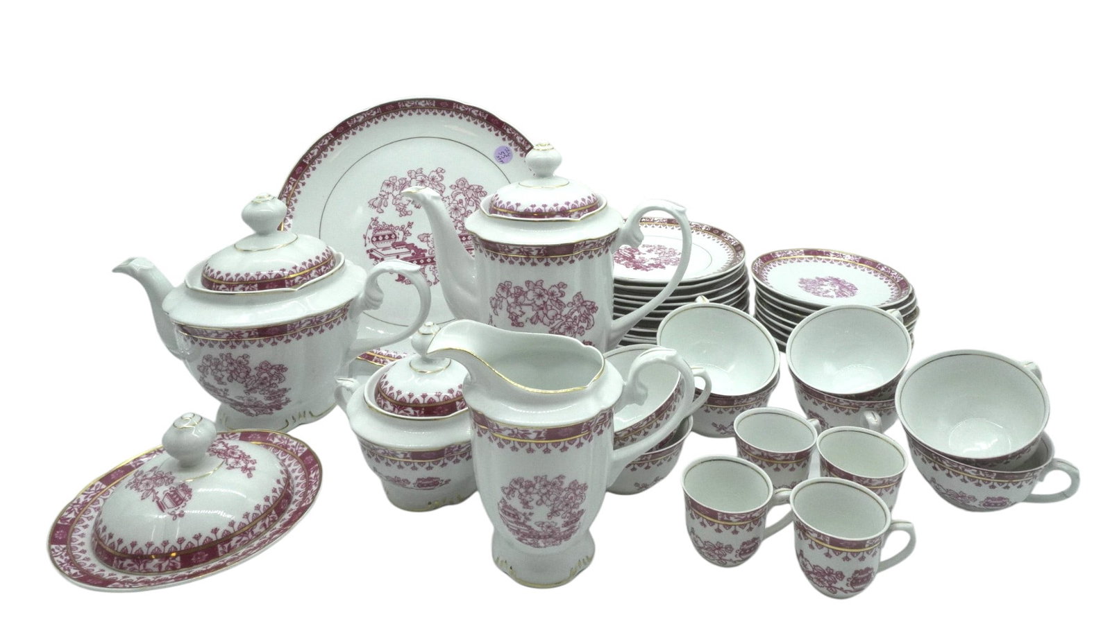 37 pc COMPLETE TEA SERVICE REAL SAO PAULO RED TRANSFER: 37 Piece Complete Tea Service Red Transferware Bone China by Real Sao Paulo, Brazil. 1 Teapot, 1 Chocolate Pot, 1 Creamer, 1 Lidded Sugar Bowl, 10 Luncheon / Dessert Plates, 8 Teacups, 8 Saucers, 5 De