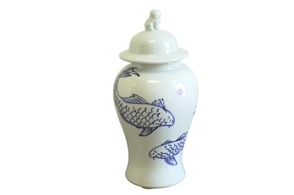 LARGE CELADON GINGER JAR WITH KOI & FOO FINIAL