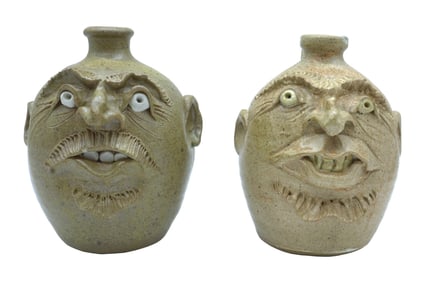 TWO SOUTHERN FOLK ART POTTERY FACE JUGS