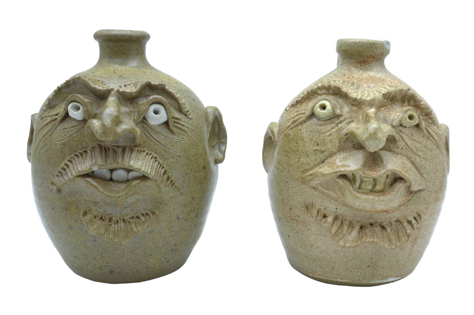 TWO SOUTHERN FOLK ART POTTERY FACE JUGS (1 of 8)