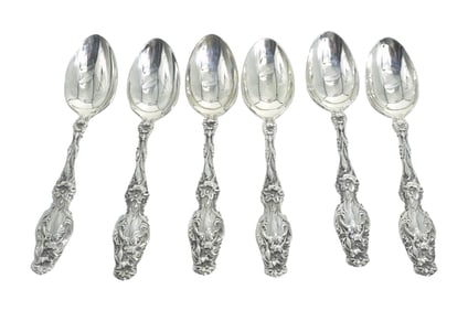 6 LARGE GORHAM STERLING SILVER LILY OVAL DESSERT / SOUP SPOONS