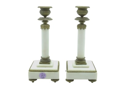 PAIR LOUIS XVI MARBLE & BRONZE CANDLESTICKS