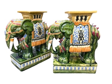 MATCHED PAIR ELEPHANT GARDEN SEAT END TABLES