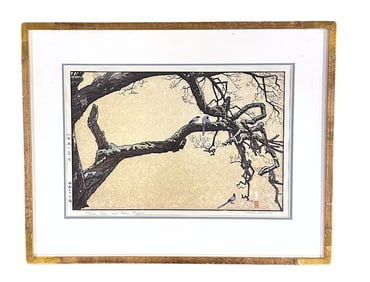 TOSHI YOSHIDA PLUM TREE & MAGPIES WOODBLOCK