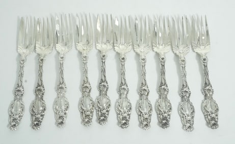 10 LARGE GORHAM STERLING SILVER LILY FISH / SALAD FORKS