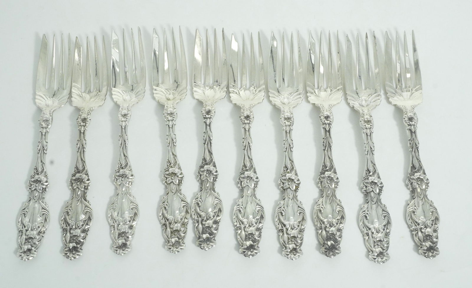 10 LARGE GORHAM STERLING SILVER LILY FISH / SALAD FORKS (1 of 2)