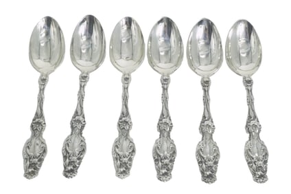 6 LARGE GORHAM STERLING SILVER LILY OVAL DESSERT / SOUP SPOONS