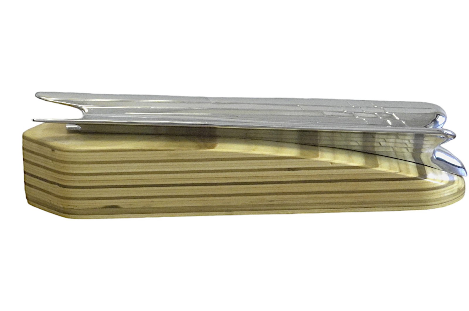 1946 CHRYSLER CHROME HOOD ORNAMENT ON BIRCH: 1946 Chrysler Chrome Hood Ornament mounted to beautifully finished Scandinavian Birch. Measures 16.5"x4"x4". Weight 5 lbs 10 oz.