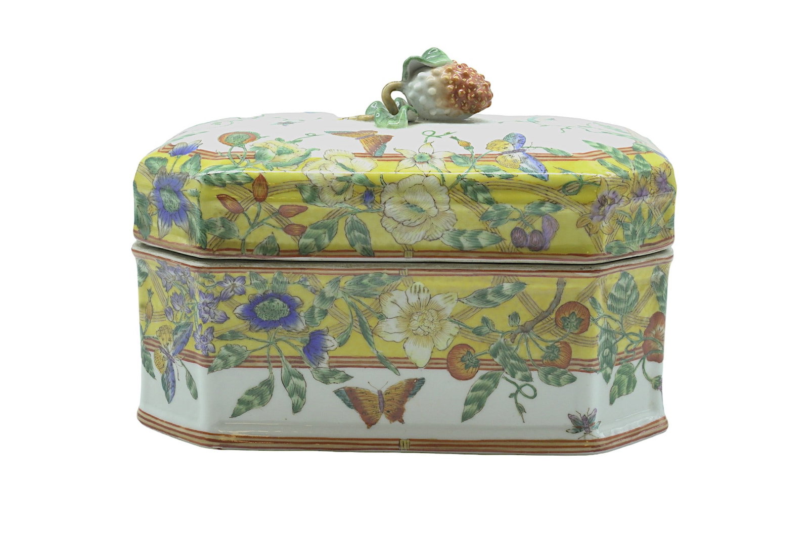 VINTAGE HAND PAINTED BUTTERFLY & FLORA TUREEN: Vintage Hand Painted Butterfly and Flora Tureen with Strawberry Finial. China, mid 20th century. Mark for Yong Sheng Tang Zhi. Measures 8"x5"x6.5". Weight 4 lbs 12 oz.