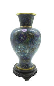 CHINESE CLOISONNE BLUE VASE WITH STAND
