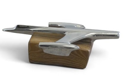 1957 OLDS CHROME HOOD ORNAMENT ON OSAGE ORANGE