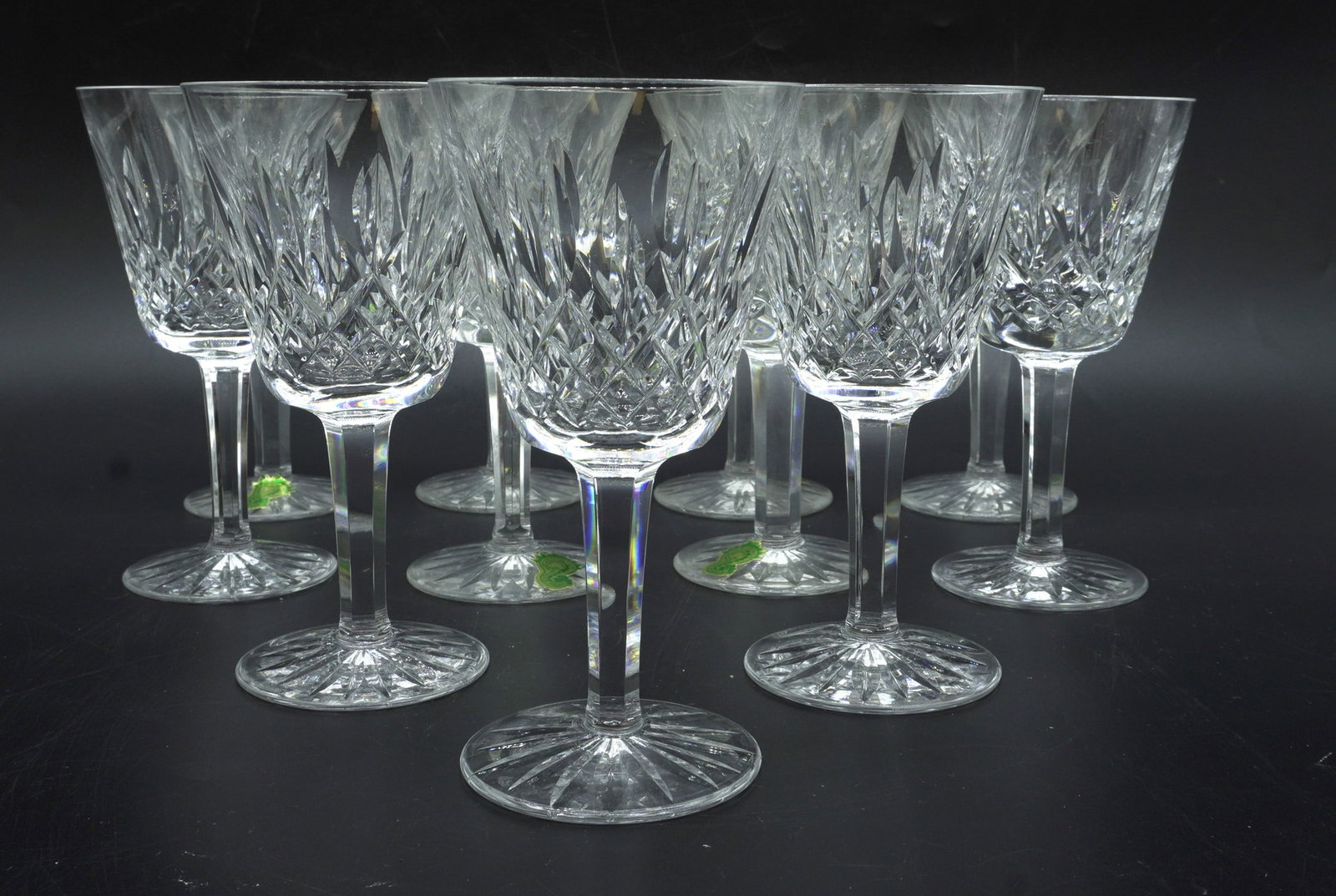 11 WATERFORD LISMORE CLARET WINE GLASSES: Eleven (11) Lismore by Waterford set of Claret Wine Glasses. Each 5 7/8". Some with the original labels on the glasses. Excellent condition. Box 11.25"x8"x5". Weight 5 lbs 3 oz