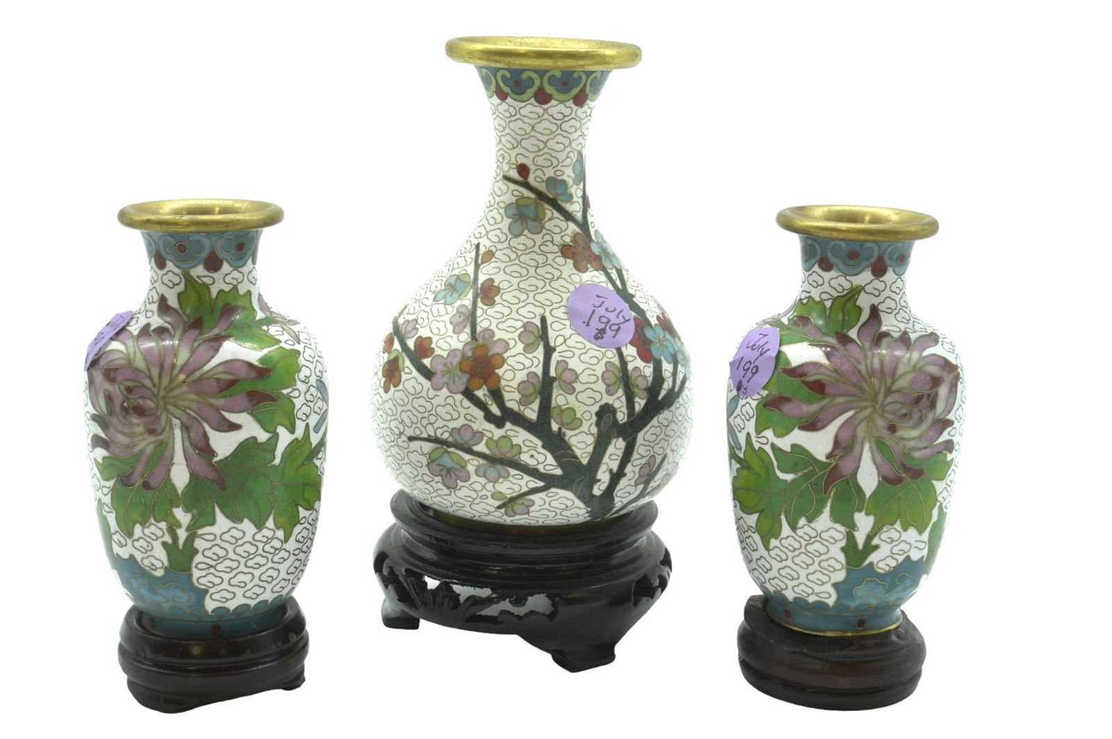 3 pc CHINESE CLOISONNE VASES ON STANDS (1 of 4)