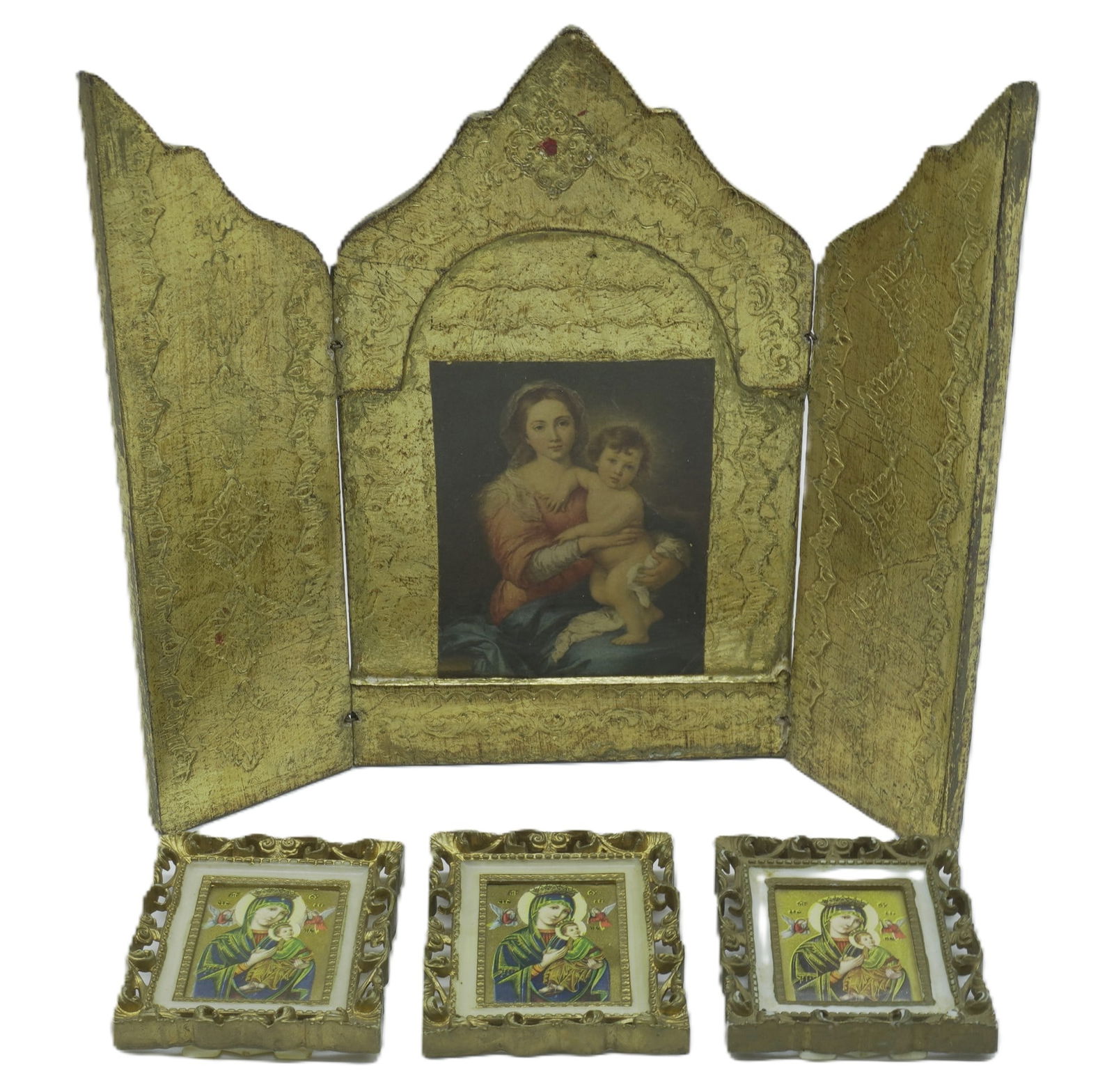 VINTAGE FLORENTINE TRIPTYCH, MADONNA AND CHILD & MINI ICONS (1 of 5)