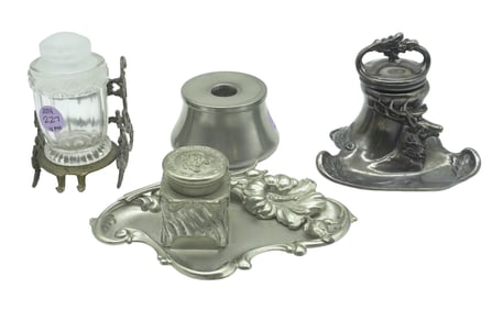 LOT OF ANTIQUE/VINTAGE INKWELLS AND PEN HOLDERS - 4 PIECES