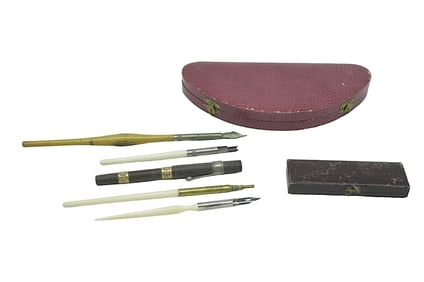 ANTIQUE BONE INK QUILLS AND STATIONARY - 9 PIECES