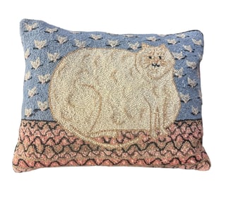 VINTAGE HAND HOOKED FOLK ART CAT THROW PILLOW