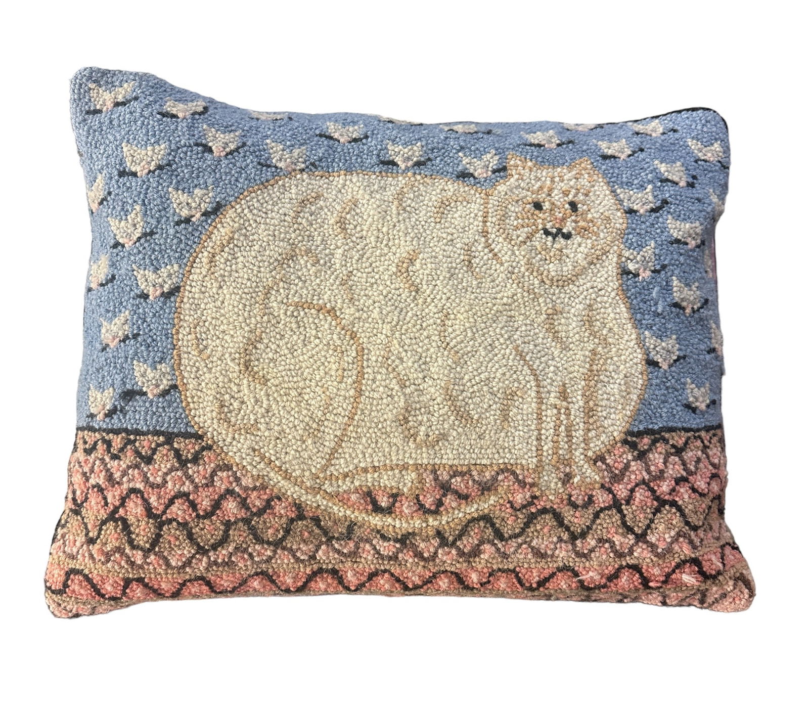 VINTAGE HAND HOOKED FOLK ART CAT THROW PILLOW (1 of 1)