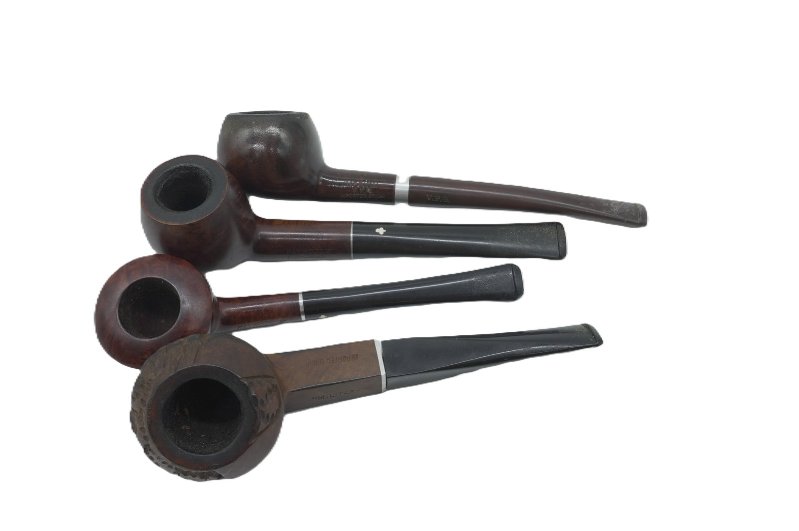 LOT OF 4 VINTAGE BRIAR & KAY WOODIE TOBACCO PIPES: Lot of 4 Vintage Tobacco Pipes, Two Imported Briar and Two Kay Woodie. Longest Measures 6.25". Total Weight 1/2 Lb.
