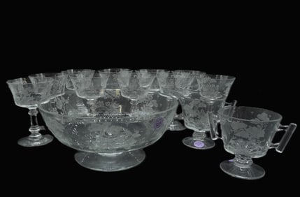 12 pc FOSTORIA ETCHED WILLOW TRIFLE BOWL &