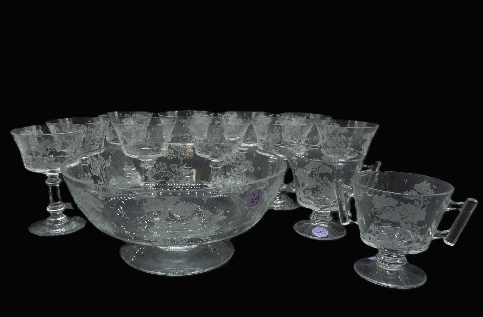 12 pc FOSTORIA ETCHED WILLOW TRIFLE BOWL & (1 of 4)