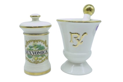 VINTAGE FRENCH APOTHECARY JAR & OWENS ILLINOIS RX MORTAR & PESTLE