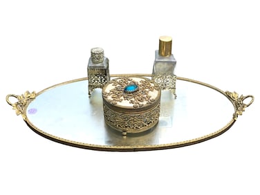 4 PC VINTAGE HOLLYWOOD REGENCY 24K GOLD PLATED VANITY MIRROR TRAY