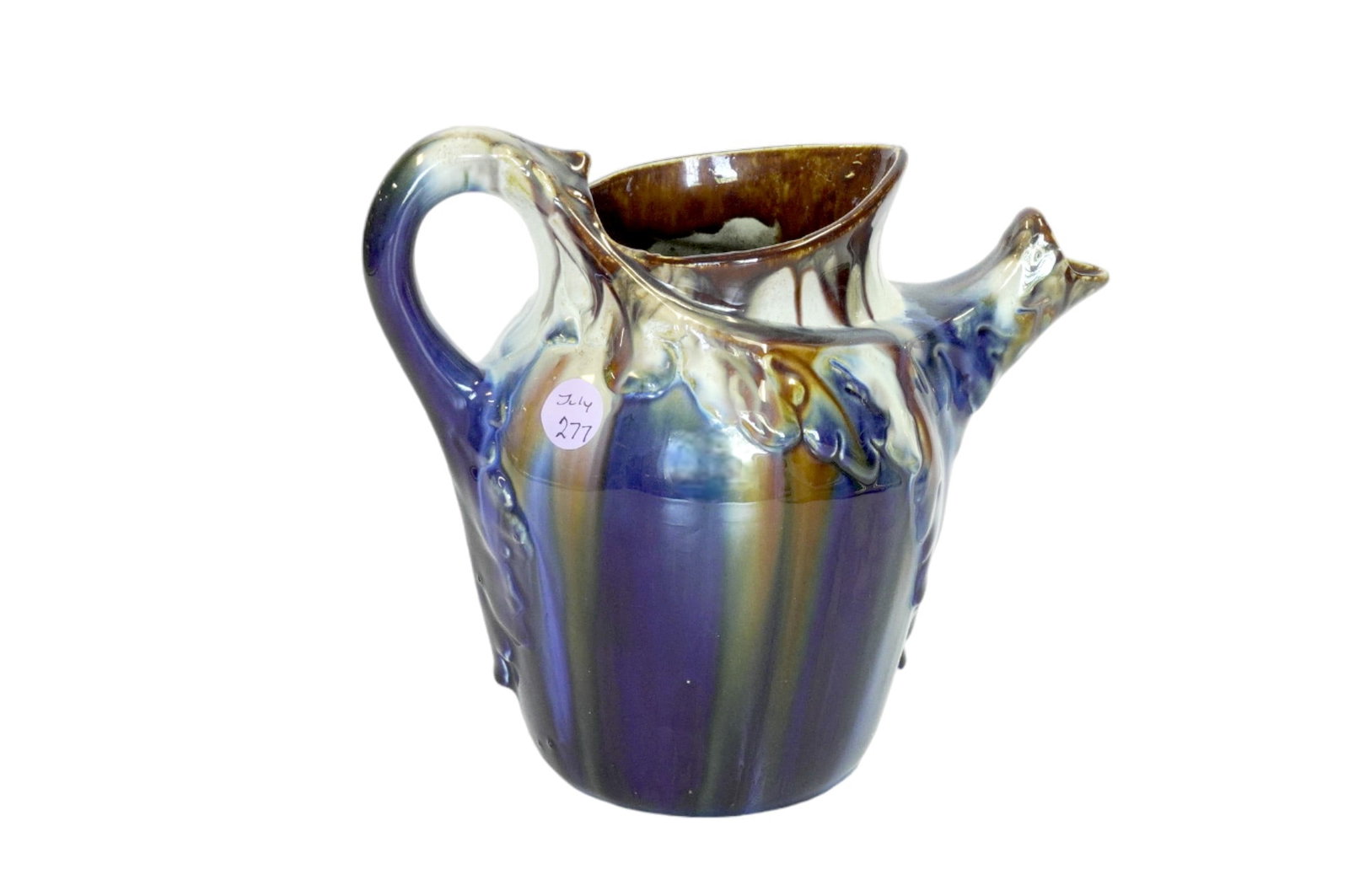 ART NOUVEAU JUG FAIENCERIE DE THULIN BELGIUM: Art Nouveau Jug, Faiencerie de Thulin Studios, Made in Belgium. Drip Glaze. Measures 8.5"x5"x7.5". Weight 1 lb 8 oz.