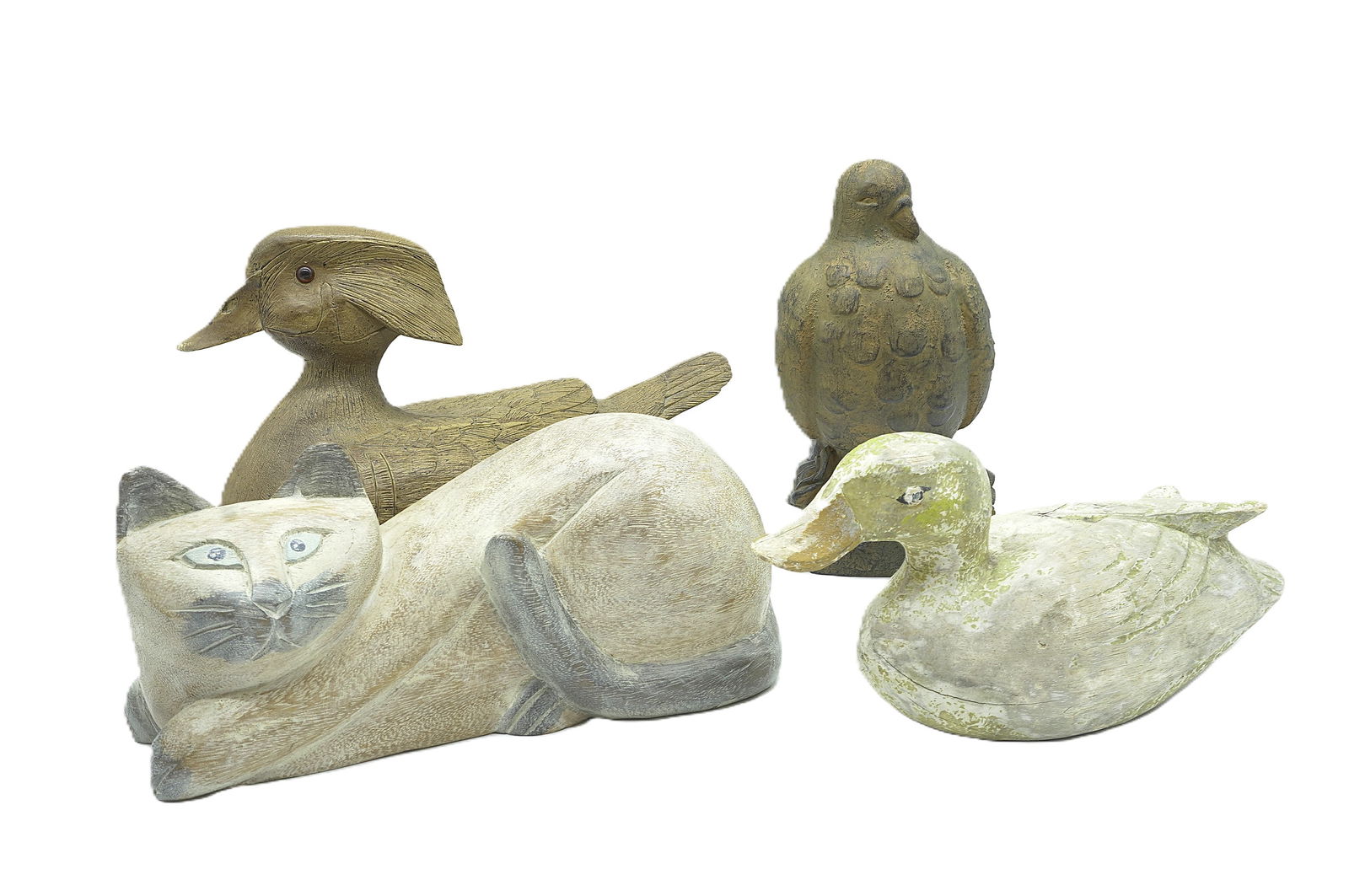 4 HAND CARVED DUCKS - CAT - BIRD (1 of 1)